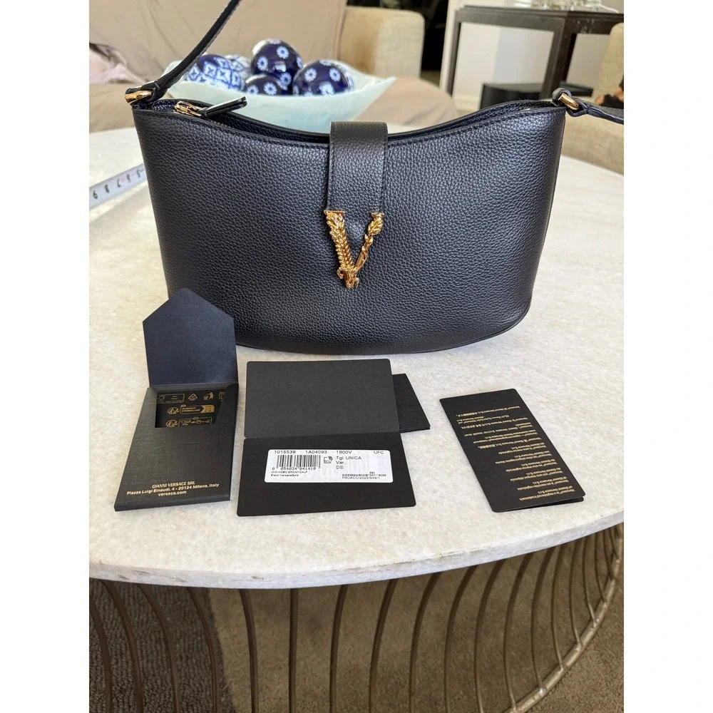 Versace Virtus‎ Small Hobo Bag Black Grained Leather Gold Barocco V